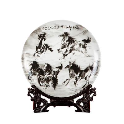 升景职德品陶瓷赏盘镇陶瓷2LAL礼5公分摆盘客厅办公室装饰品八骏