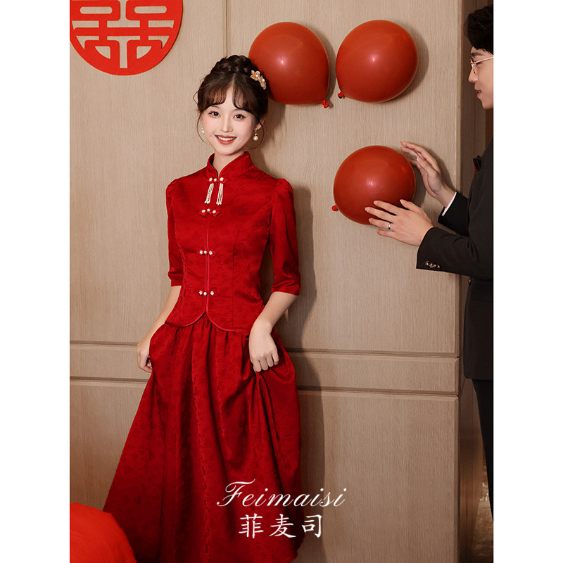 速发中式装酒服202新款新娘酒红禾套敬小个子秀色服旗袍甜美订婚