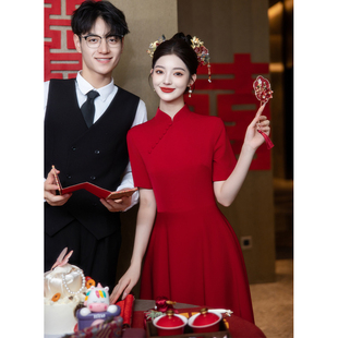 速发新中式改良简约大气旗新敬酒服红娘结婚红色连衣裙订婚礼服袍