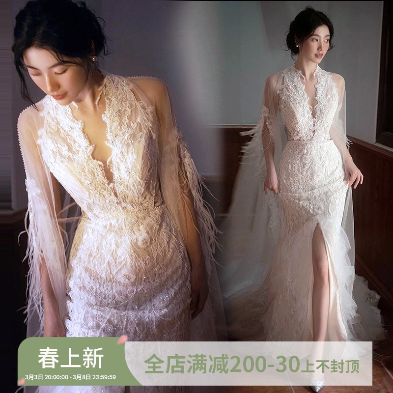 速发神范主 仙仙蕾丝尾毛披纱鱼羽拖尾公儿新娘婚纱礼服108