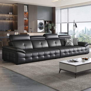 真皮沙发意式 极简客厅大小户型现代简约头层牛皮直排沙发黑色沙发