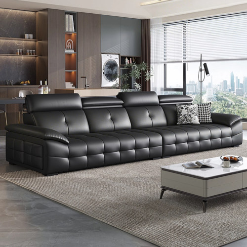意式极简头层牛皮黑色直排沙发