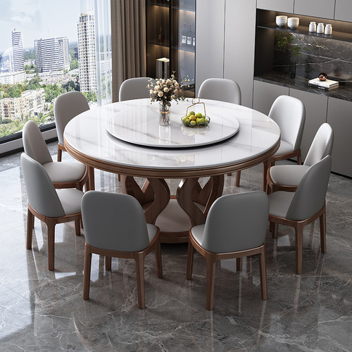 轻奢岩板圆形实木转盘餐桌椅家用