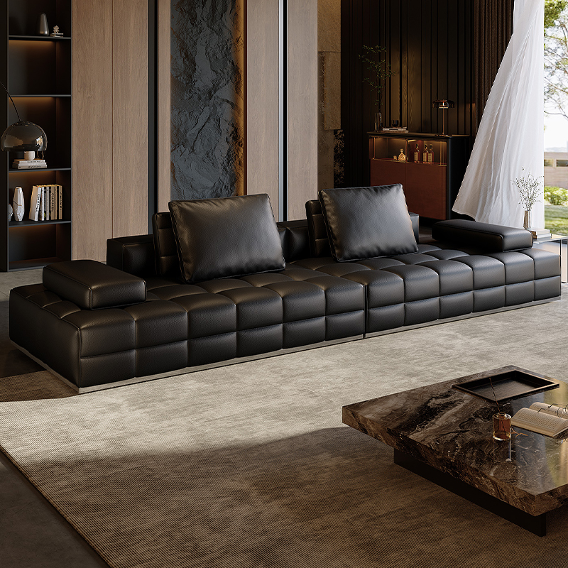 劳伦斯意式极简真皮沙发大户型客厅轻奢黑色头层牛皮直排沙发组合