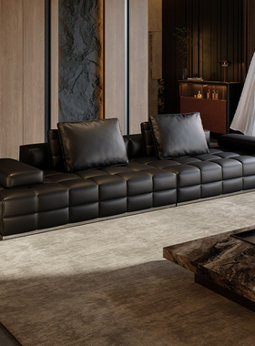 劳伦斯意式极简真皮沙发大户型客厅轻奢黑色头层牛皮直排沙发组合