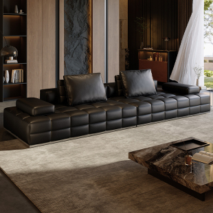 劳伦斯意式 极简真皮沙发大户型客厅轻奢黑色头层牛皮直排沙发组合