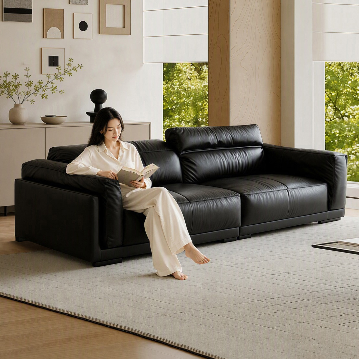 中古风简约黑色头层牛皮真皮沙发