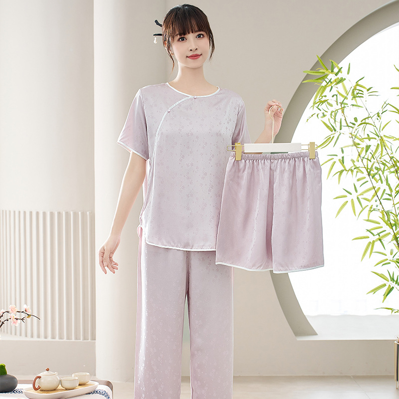 日本品质新款冰丝睡衣女夏季中式国风短袖三件套缎面套头提花家居