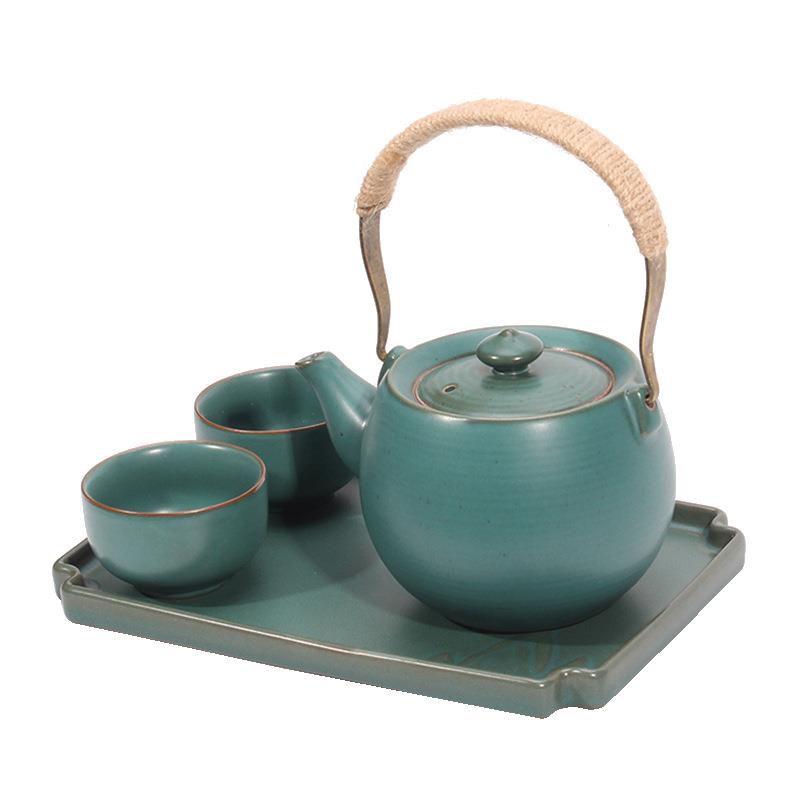 日式提梁茶壶粗陶一壶两杯功夫茶具套装整套陶瓷仿古干泡茶盘茶杯