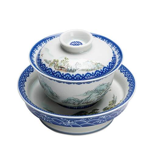 吾唯知足盖碗茶杯陶瓷大号粉彩三才青花泡茶碗功夫茶具自用大碗茶