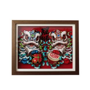 国潮醒狮桌面摆件创意特色非遗工艺剪纸文创木质多福客厅精美摆台