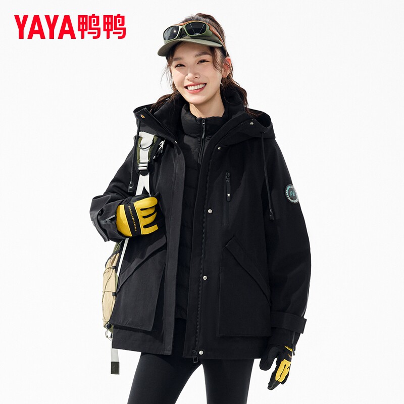 鸭鸭夹克女士2026年新品秋冬季中长款连帽户外登山服风衣运动外套