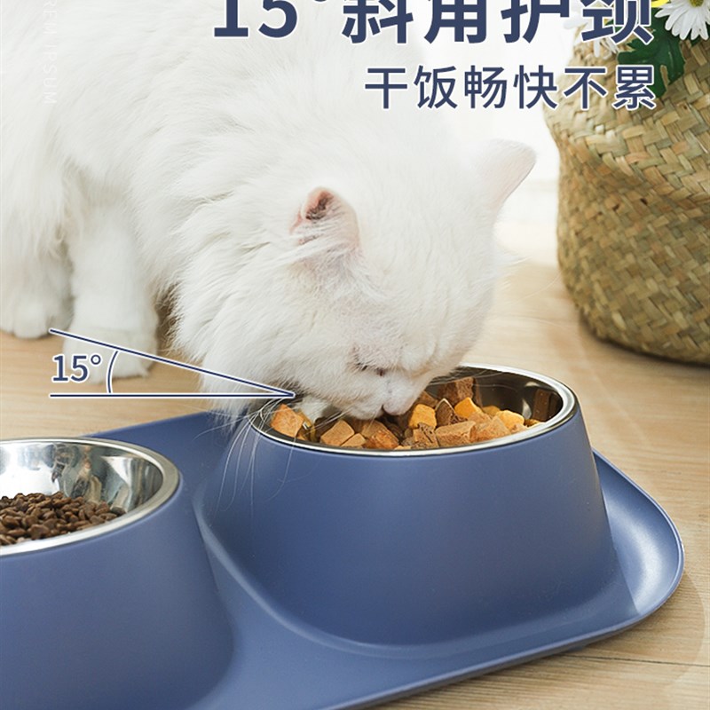 现货速发猫碗双碗狗食盆不锈钢防打翻猫咪饭盆喝水喂食碗斜口用品