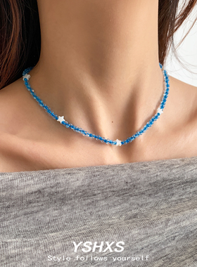 蓝色复古星星串珠锁骨链女