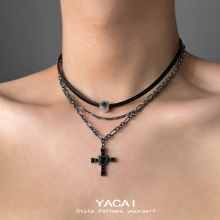 十字架皮革项圈多层choker小众项链女高级感新款 配饰暗黑锁骨链