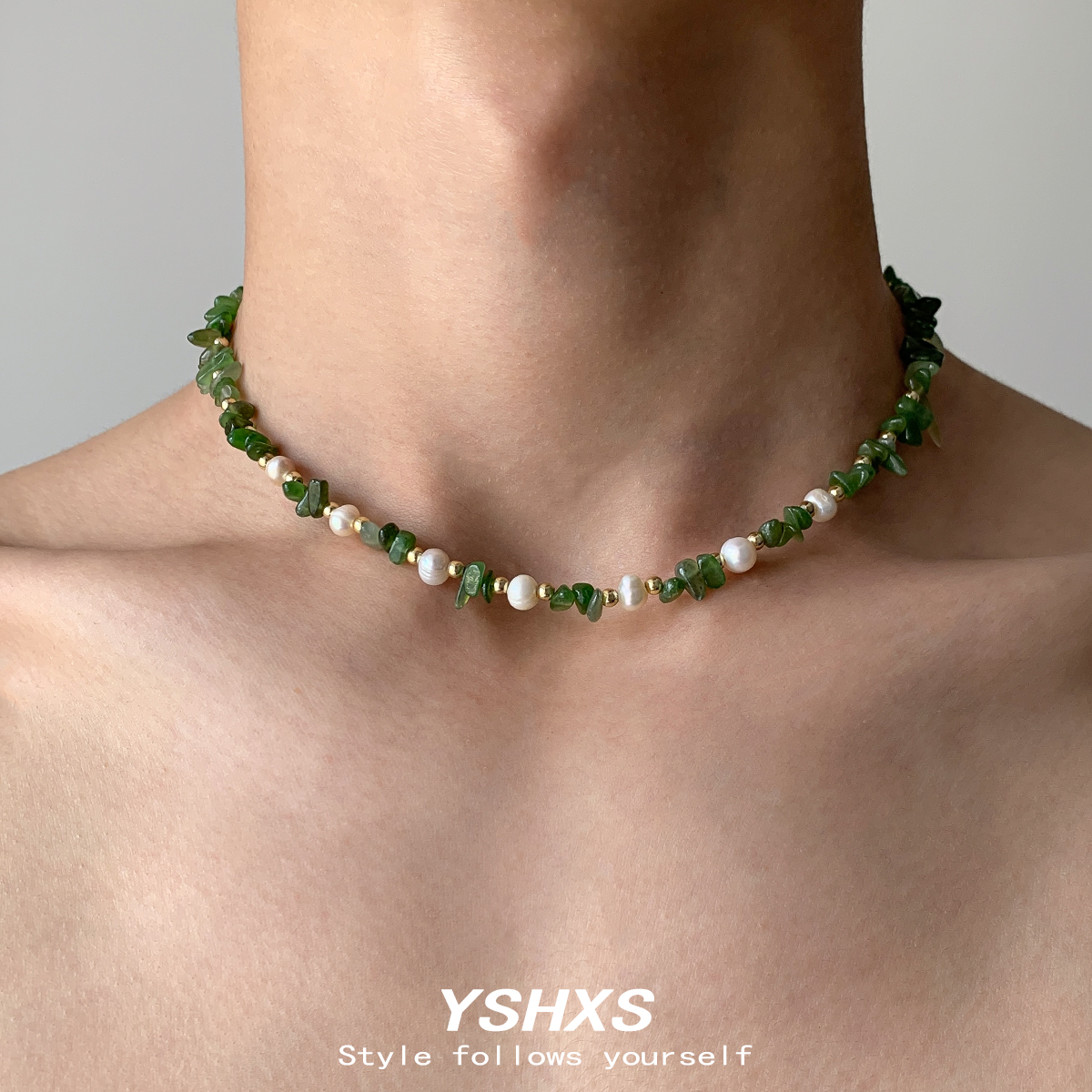 绿色碎石珍珠串珠项链