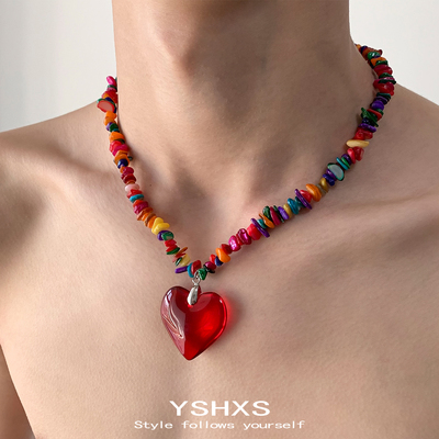 彩色碎石爱心吊坠项链