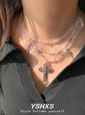透明串珠十字架多层甜酷锁骨链