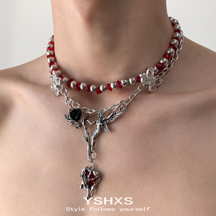 红色爱心吊坠项链亚比配饰小众设计哥特个性甜酷辣妹锁骨链y2k