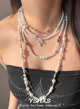 多层十字珍珠甜酷叠戴锁骨链女