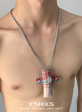 甜酷红色格子拼布十字架长款吊坠项链辣妹y2k时尚个性毛衣链韩系