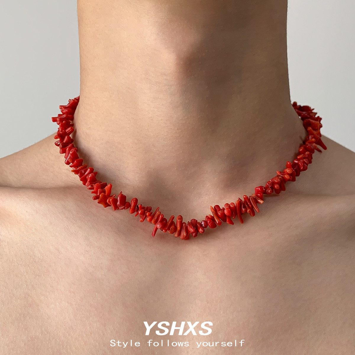 天然红色碎石项链女小众设计感串石高级轻奢气质锁骨链,饰品/流行首饰/时尚饰品新,项链,淘宝优惠券,粉丝福利购,淘宝优惠卷