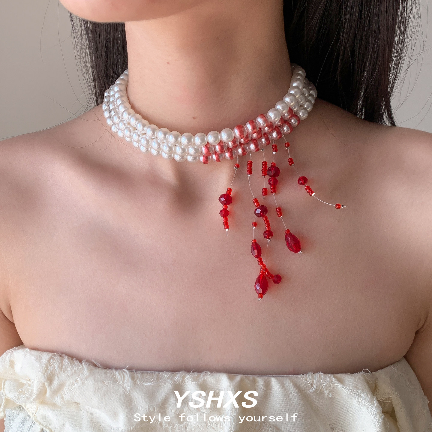 多层珍珠红色流苏水晶吊坠项链女小众哥特亚比配饰复古个性锁骨链,饰品/流行首饰/时尚饰品新,项链,淘宝优惠券,粉丝福利购,淘宝优惠卷
