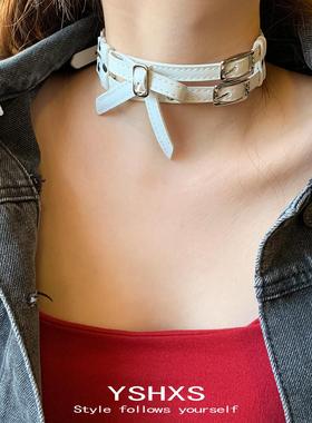 白色蝴蝶结皮革项圈女小众项链y2k设计感chocker甜酷辣妹颈链