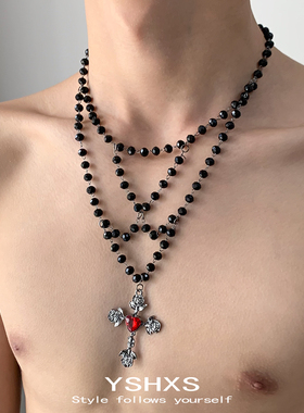 暗黑哥特风多层黑色十字架项链