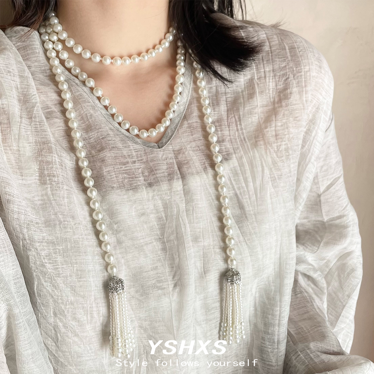 复古流苏珍珠长款多层叠戴项链