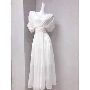 希腊风女神范气质超仙绝美褶皱v领白色连衣裙子2025新款夏季法式