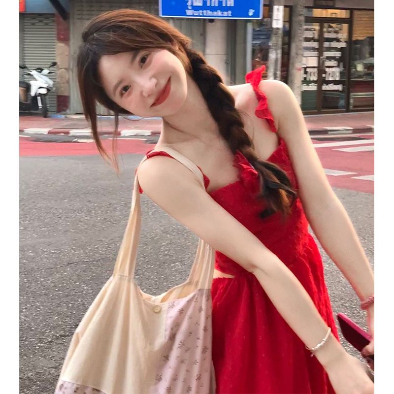 红色方领露背连衣裙女202