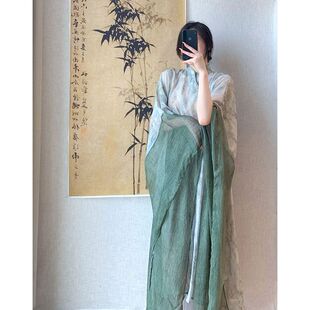 新中式冷淡风拼袖宽松连衣裙女秋2023年新款青绿文艺复古长袍裙子