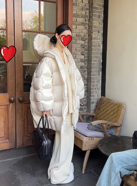 韩系中长款白色连帽羽绒