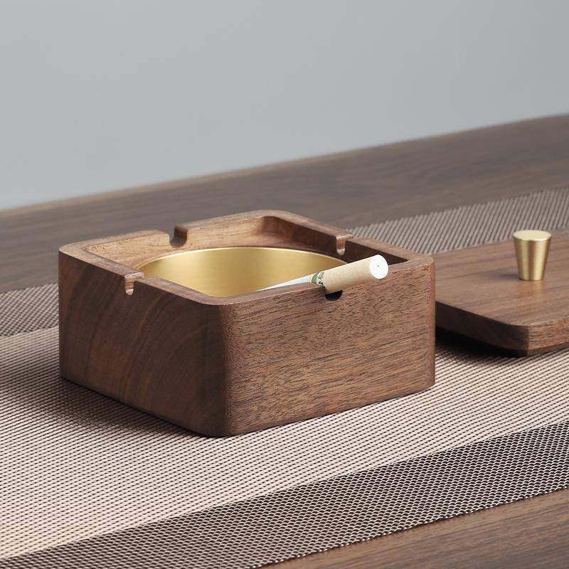 北美黑胡桃木烟灰缸--.家用客厅防飞灰带盖创意办公室