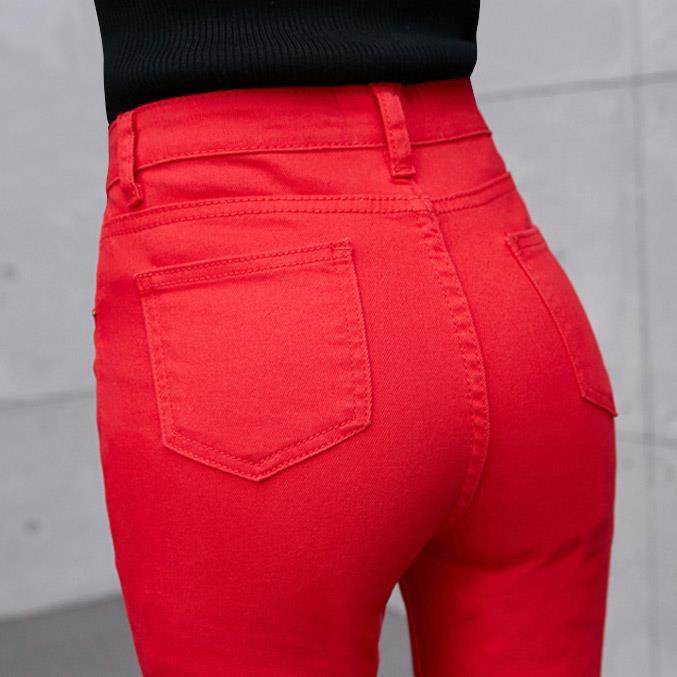红色牛仔裤女2025年春秋新款高腰修身显瘦小脚休闲裤直筒铅笔裤子,女装/女士精品,牛仔裤,淘宝优惠券,粉丝福利购,淘宝优惠卷