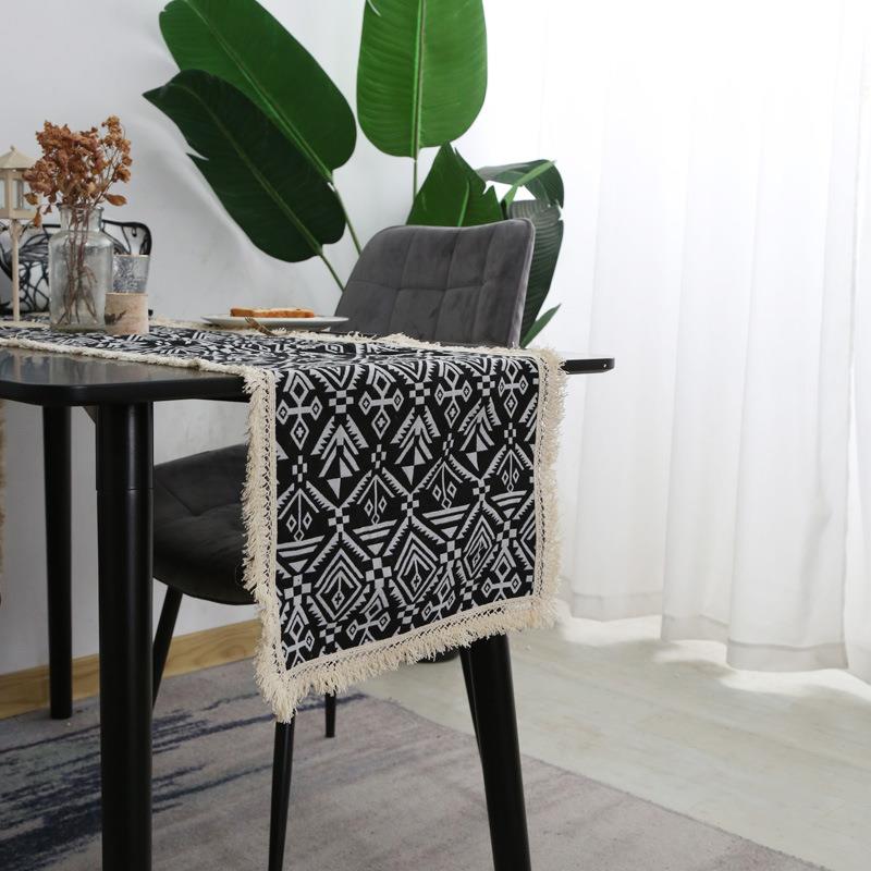 简约黑色几何流苏现代民族风茶几餐桌装饰电视柜斗柜桌垫桌旗工厂