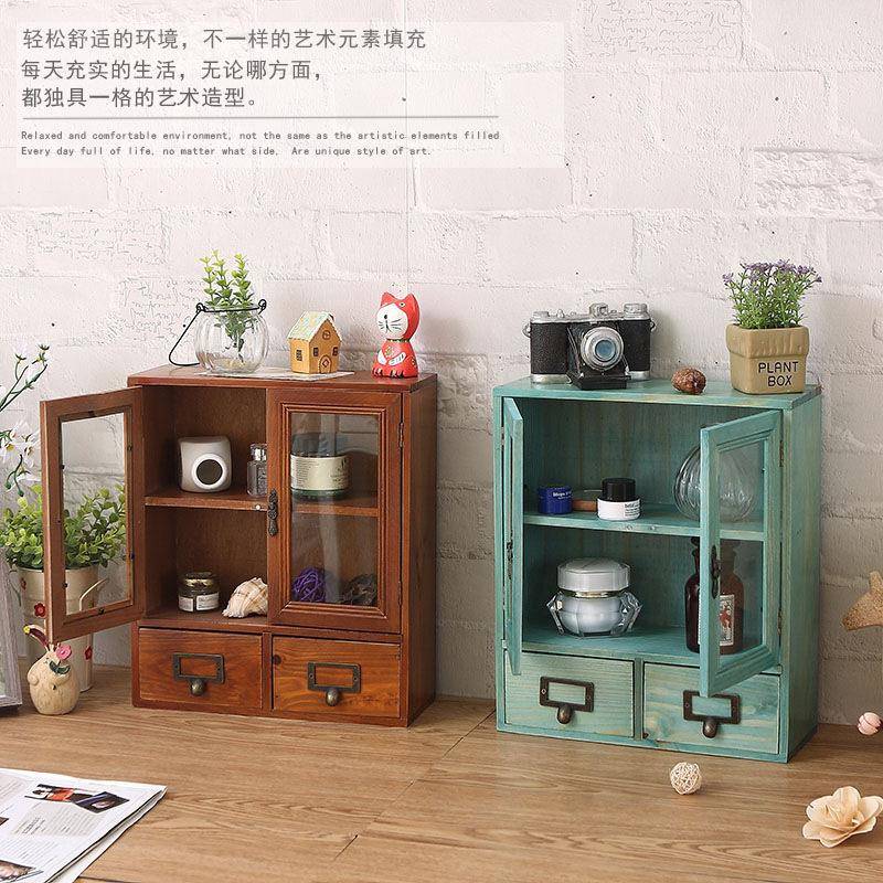 zakka木质日式复古梳妆台带抽屉办公桌化化妆品收纳盒防尘收纳柜