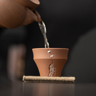 手工鎏银锔钉杯粗陶品茗杯陶瓷茶杯 空寂斋老岩泥复古主人杯日式