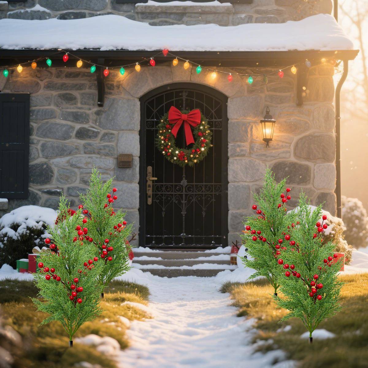 亚马逊圣诞节人造仿真绿植松柏地插装饰庭院盆景布景插花Temu