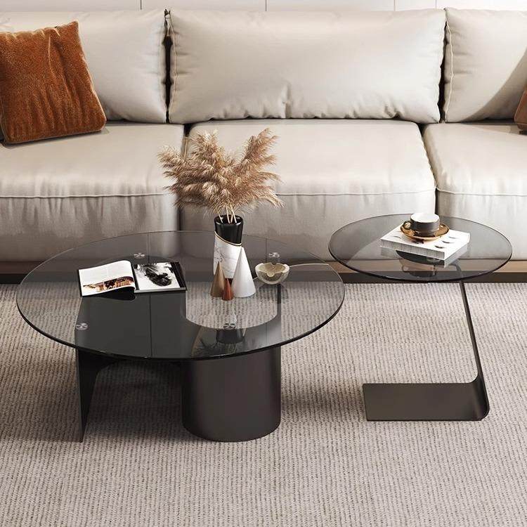 黑色钢化玻璃茶几客厅家用简约组合圆桌高级感小户型极简边几桌子