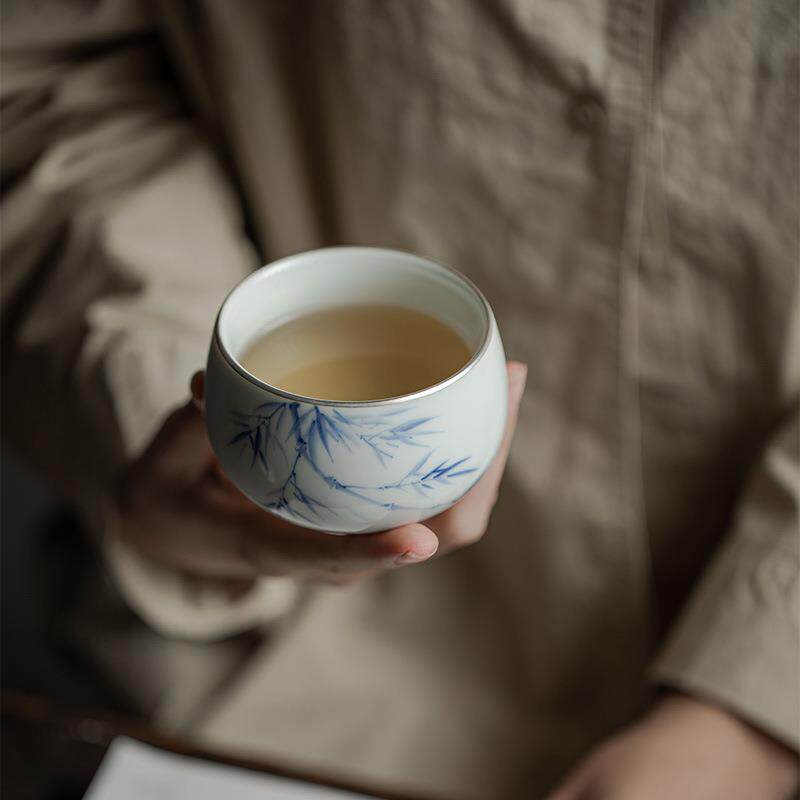 古青手绘描银主人杯功夫茶具喝茶品茗杯大号青花手绘单杯