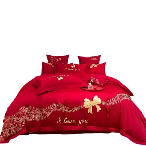 ||吾家有喜结婚四件套大红色床单纯棉喜被龙凤刺绣全棉床品