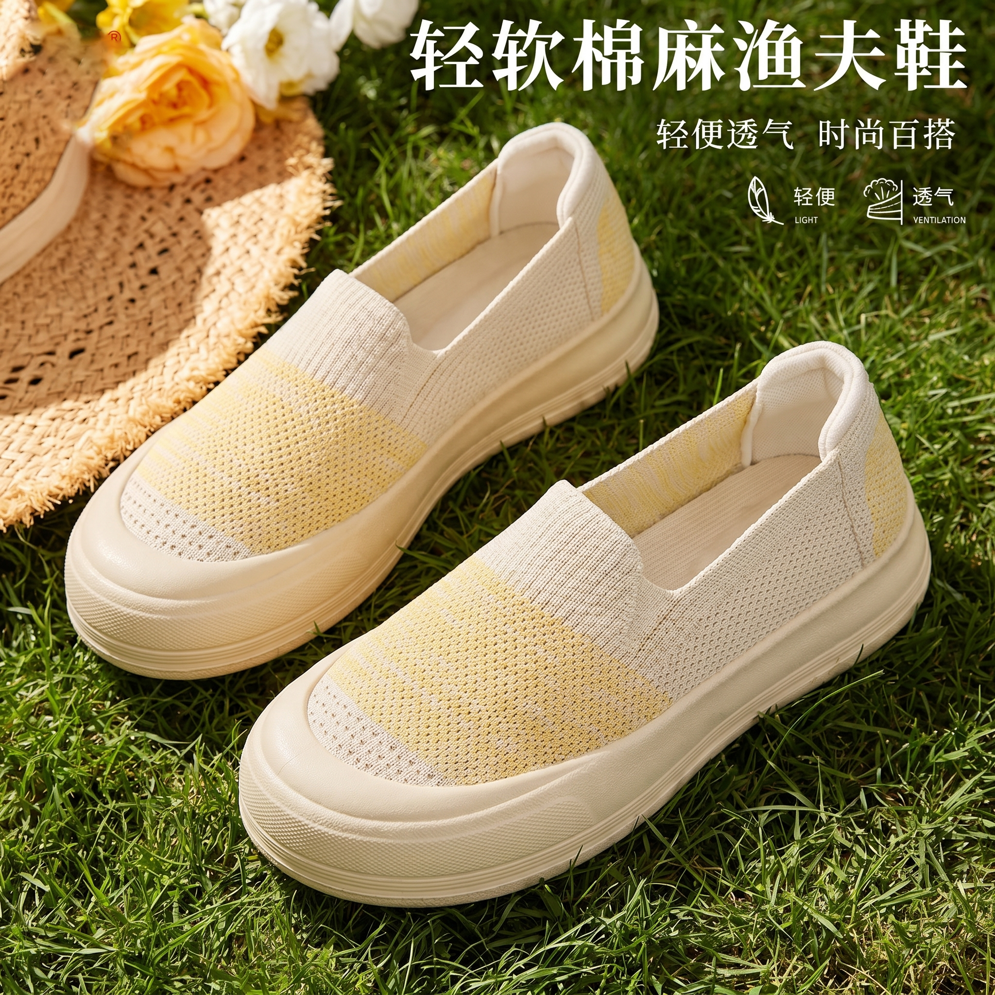 老北京布鞋女夏季新款网面透气轻便休闲鞋舒适帆布鞋一脚蹬渔夫鞋
