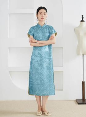 双面穿 蓝色花朵国风真丝立领斜门襟短袖连衣裙桑蚕丝长裙