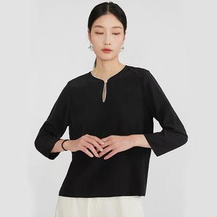 桑蚕丝领宽松上衣 简约高及感气质黑真丝显瘦通勤衬衫