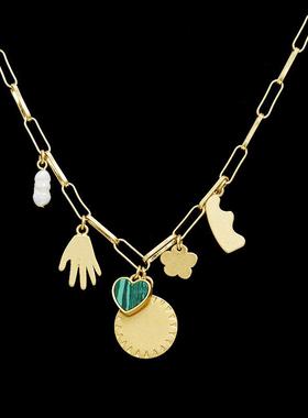 欧美时尚复古哑光金色圆牌花朵手掌绿色爱心珍珠流苏多坠锁骨项链