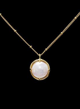 网红博主同款时尚气质报答巴洛克珍珠圆形纽扣双面吊坠锁骨项链女