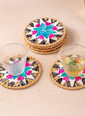 越南藤编拼接彩色贝壳咖啡茶杯垫桌面隔热茶几茶壶垫防烫圆形餐碗