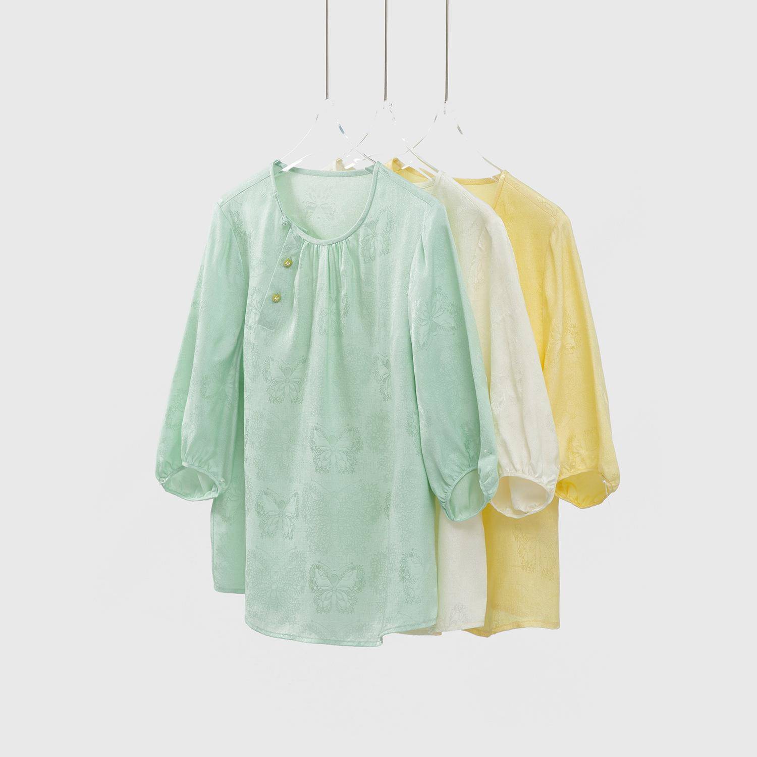 100桑蚕丝提花绞萝新中式上衣真丝斜门襟圆领盘扣恤衬衣